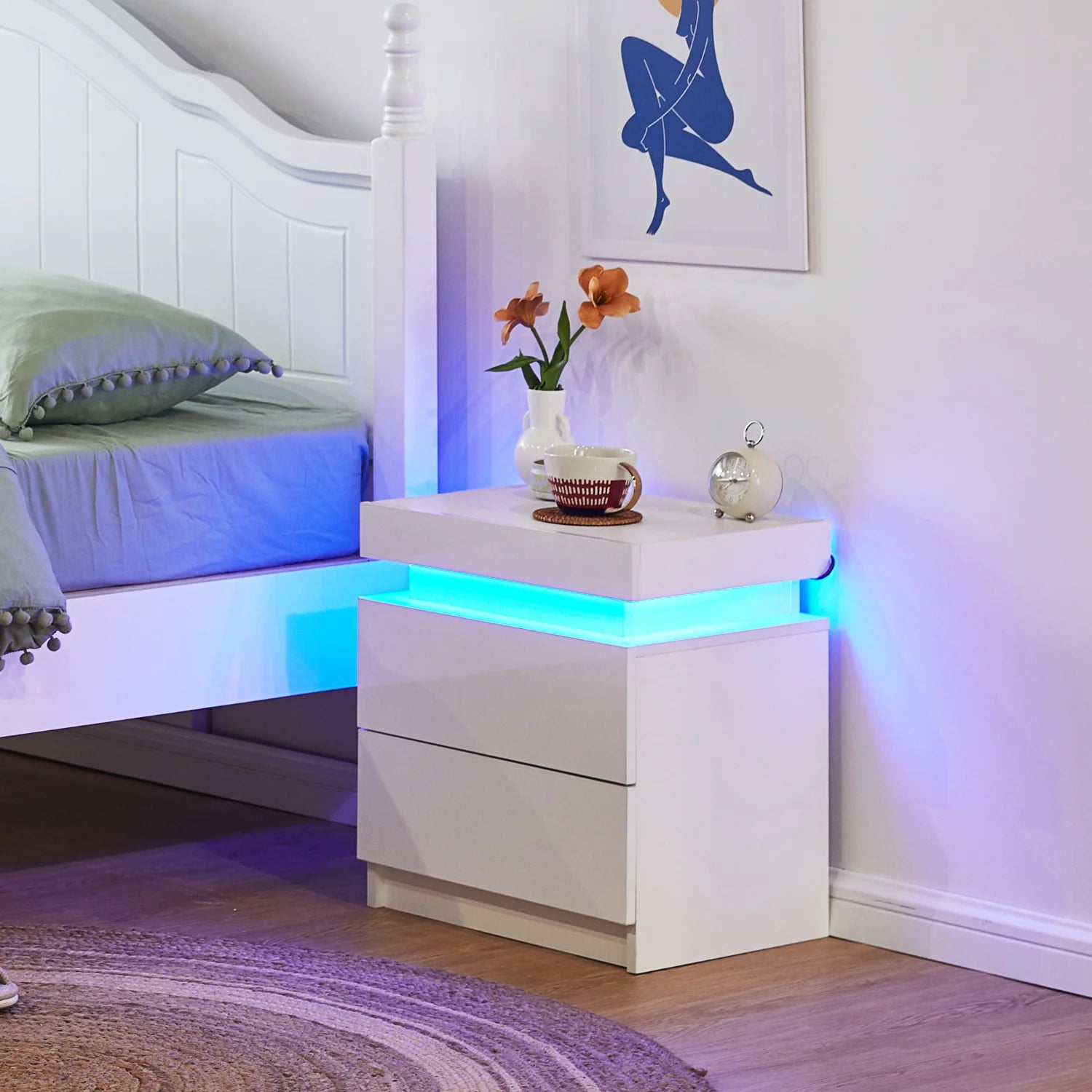 Table de Chevet LED à 2 Tiroirs